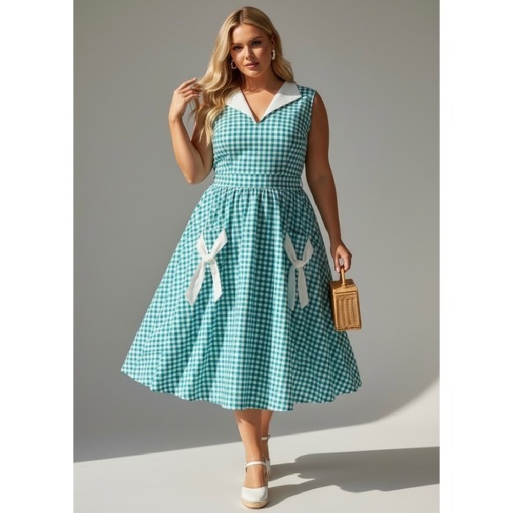 NEW Retro Style Teal Gingham‎ Plus Size 2XL Bow Midi Dress Rockabilly 50's Style